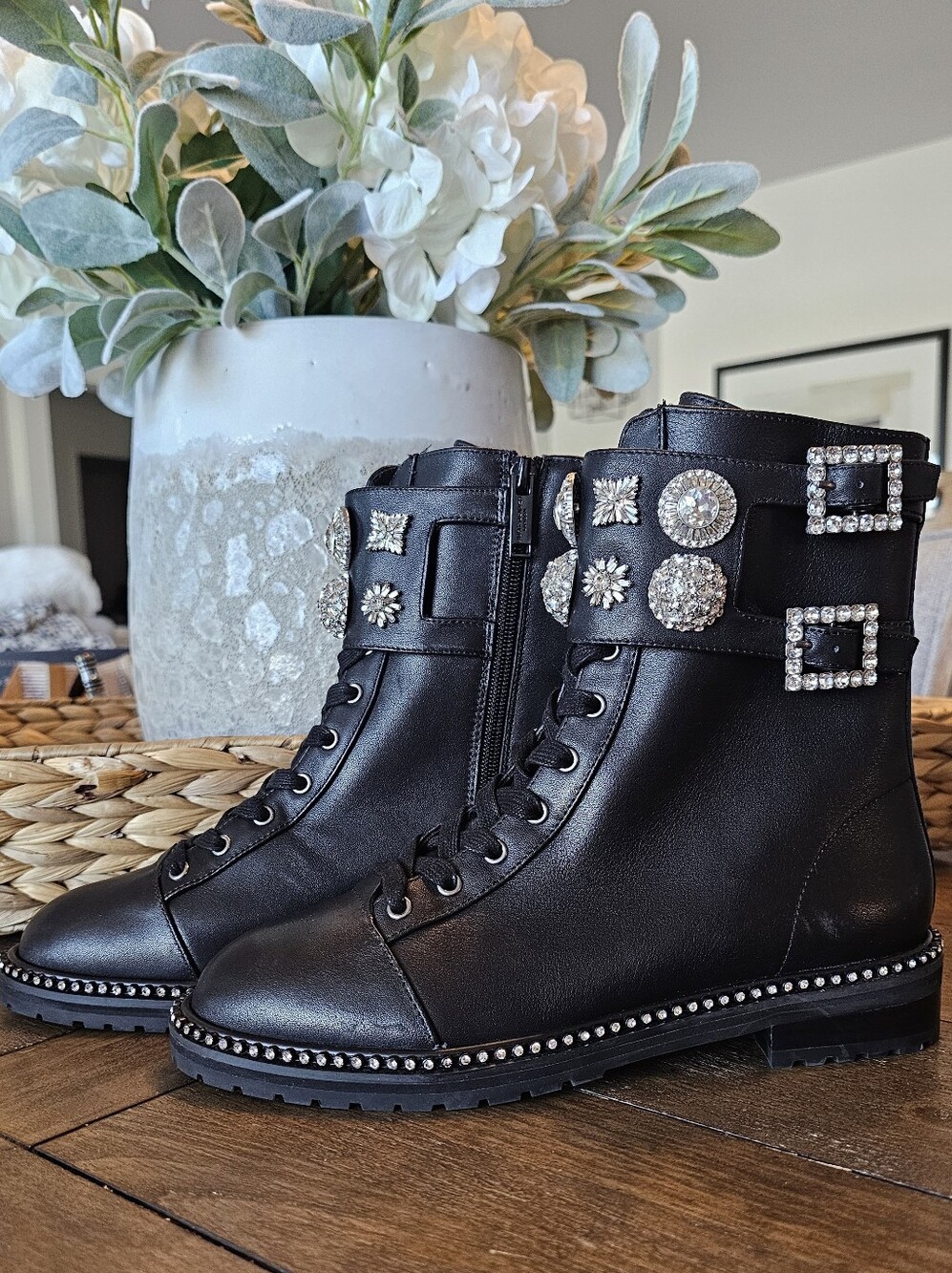 👁Kurt Geiger👁 Black Leather W/Crystal Lace-Up Boots Women's Sz 7.5 8 9.5 & 10 - Picture 3 of 11